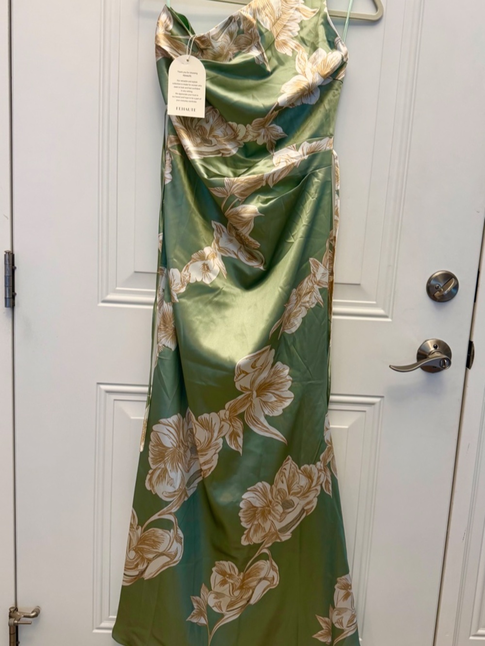 Light Green Floral Satin One Shoulder Sleeveless Sheath Floor-Length Gown Dress - Picture 4 of 4